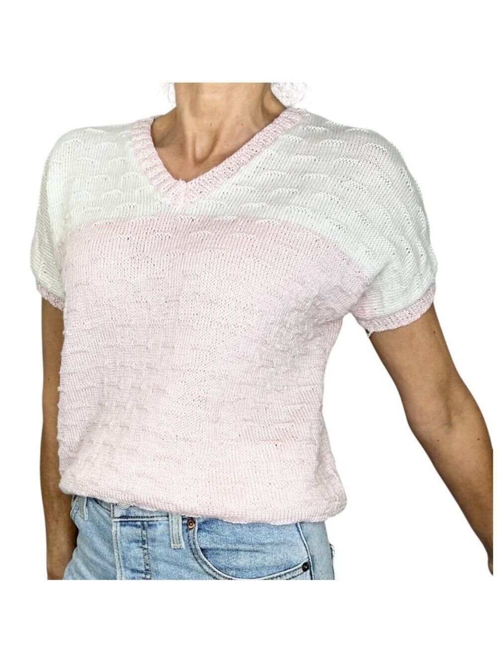 Hand knit 80s style pink white dolman sleeve v neck short sleeve sweater